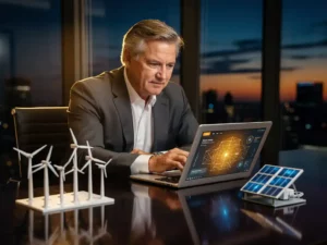 Senior executive reviewing an energy grid dashboard on a laptop beside wind turbine and solar panel models in a glass-walled office at dusk.
