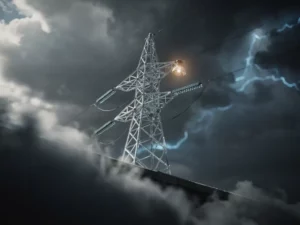 Glass power transmission tower teetering on the edge of a storm cloud, symbolizing fragile electrical infrastructure risk against a dramatic electric blue sky.
