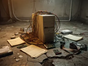 Aging server tower tangled in cables on cracked concrete floor, surrounded by paper invoices and obsolete hardware in dim industrial light.