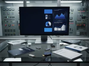 Microsoft Dynamics 365 interface glowing on a monitor surrounded by legacy software manuals and hardware dongles, with a power grid control room visible behind.