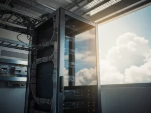 Modern server rack in an on-premise data center with cable management and blinking indicator lights, reflected in a window overlooking a sunlit cloudscape.