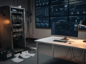 Weathered server rack beside a sleek cloud workstation in a utility control room, energy grid monitors glowing behind scattered maintenance invoices and cables.