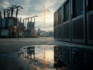 Weathered electrical transformers fading behind modern server infrastructure, with a glowing power tower reflected in a rain puddle on concrete.