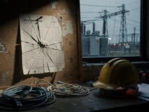 Project budget spreadsheet pinned to a corkboard beside tangled ethernet cables and a hard hat, utility substation visible through a rain-streaked window.