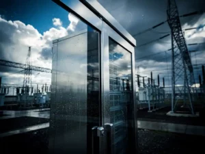 Server tower reflected in a rain-soaked substation control panel, electrical infrastructure receding under a storm-clearing blue sky.