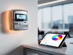 Smart meter with glowing digital display mounted on wall beside a tablet showing energy usage graphs in a modern office.