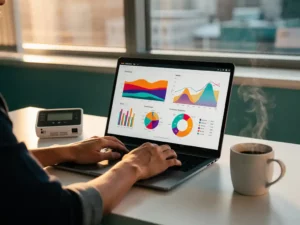 Customer service agent's hands on laptop showing energy usage graphs, with a smart meter and coffee mug on a tidy desk in morning light.