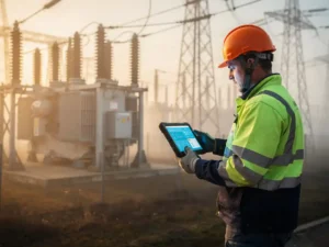 Utility worker in hard hat reviewing digital tablet dashboard at electrical substation with transformers and power lines in early morning mist.