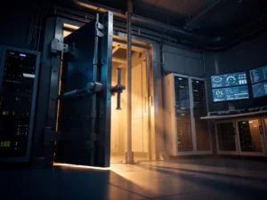 Heavy steel vault door standing half-open in a modern control room, amber light spilling onto server racks and energy grid monitoring panels.