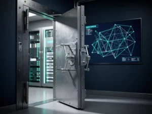 Steel vault door slightly ajar in a control room with glowing server racks and an energy grid schematic on the wall.
