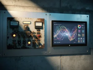 Weathered analog control panel with aged dials beside a modern touchscreen displaying live energy grid data in a utility operations center.