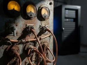 Weathered electrical control panel with analog dials, toggle switches, and copper wiring, modern server rack glowing blue in the background.