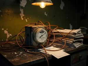 Corroded vintage electricity meter tangled in copper wiring atop overflowing paper invoices on a dimly lit industrial desk.