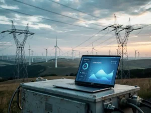 Wind farm stretching to the horizon with transmission towers, a laptop showing an Azure dashboard on steel equipment panel, amber horizon light.