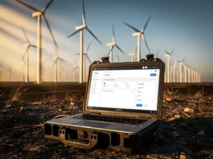 Wind turbine farm stretching to the horizon with a laptop displaying an enterprise dashboard on a rugged field operations case in golden afternoon light.